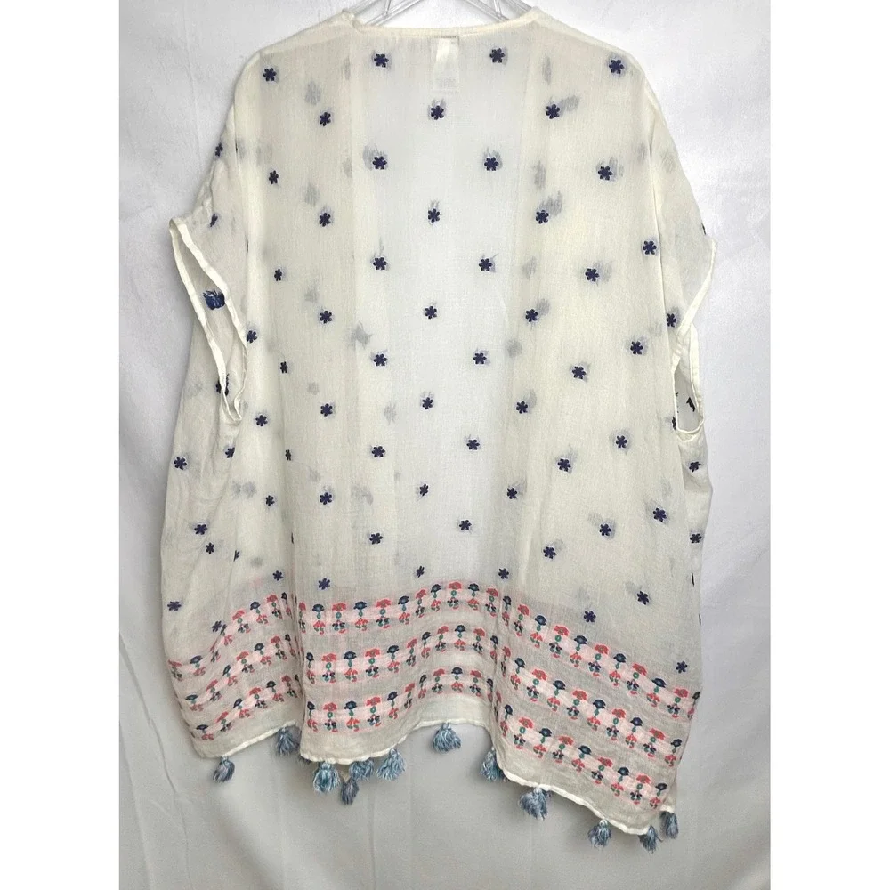 J.Crew Embroidered Tassel Kimono Wrap White Cotton Blend One Size Boho Coverup
